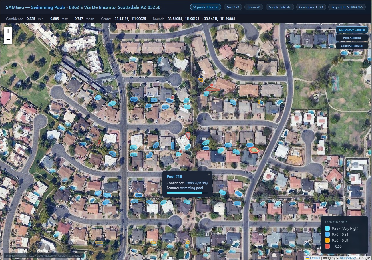 Aerial satellite imagery of a residential neighborhood showing the kind of detail available through MapSavvy WMS
